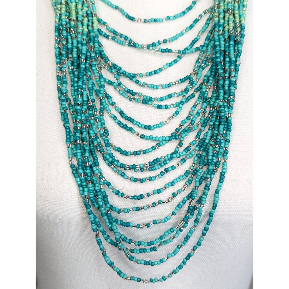 Turquoise String Bead Multi Strand Waterfall Necklace 16" Boho Indie Southwest - Picture 2 of 8